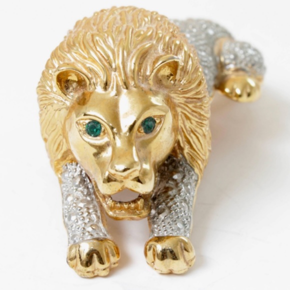 Roaring Lion Brooch Large Figural Shoulder Pin Vintage Rare Cat Lover - Picture 2 of 8